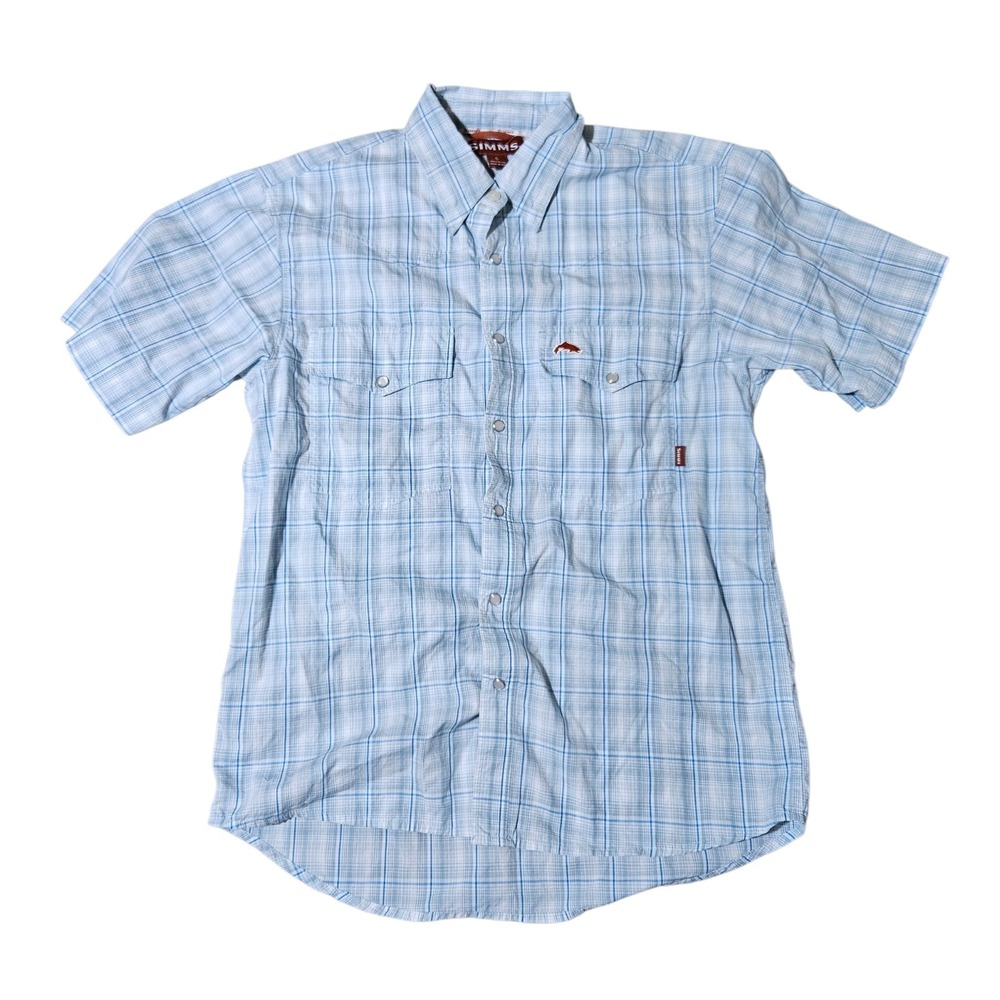 Simms Big Sky Shirt Mens Small Blue Plaid Performance Outdoor Western Pearl Snap